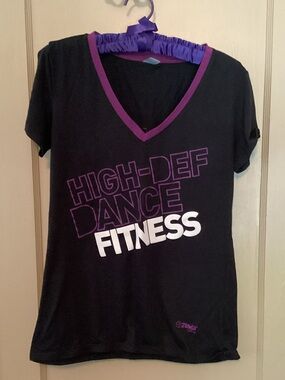 Zumba Fitness Instructor Black V-Neck Tee with Purple Trim and White Print